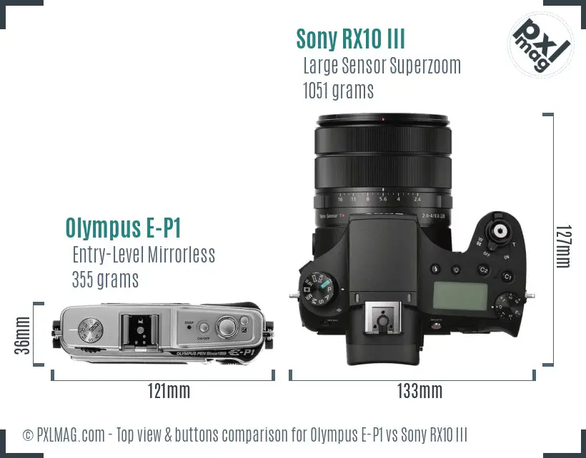 Olympus E-P1 vs Sony RX10 III top view buttons comparison