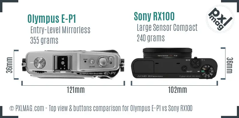 Olympus E-P1 vs Sony RX100 top view buttons comparison