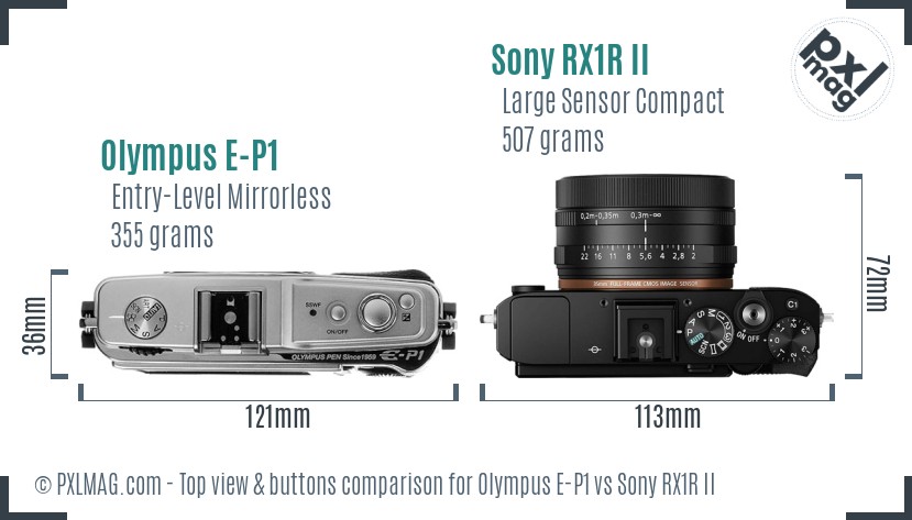 Olympus E-P1 vs Sony RX1R II top view buttons comparison