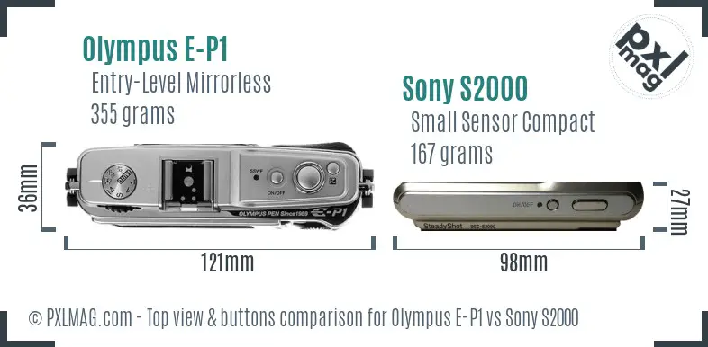 Olympus E-P1 vs Sony S2000 top view buttons comparison
