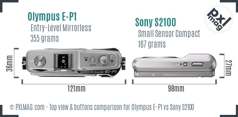 Olympus E-P1 vs Sony S2100 top view buttons comparison