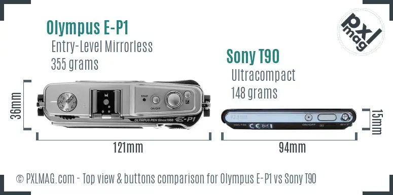 Olympus E-P1 vs Sony T90 top view buttons comparison