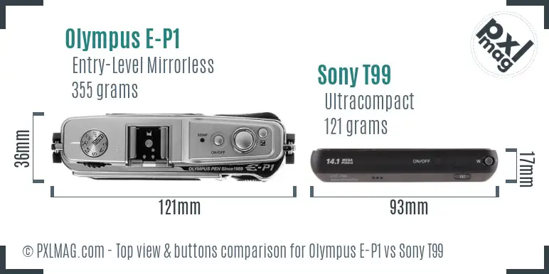 Olympus E-P1 vs Sony T99 top view buttons comparison Olympus E-P1 vs Sony T99 top view buttons comparison