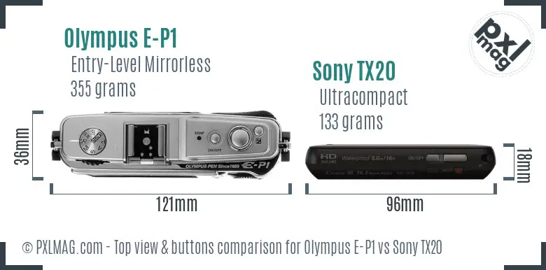 Olympus E-P1 vs Sony TX20 top view buttons comparison