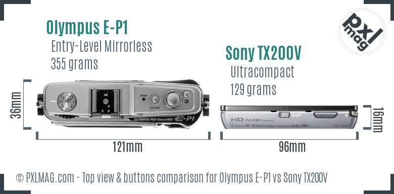 Olympus E-P1 vs Sony TX200V top view buttons comparison