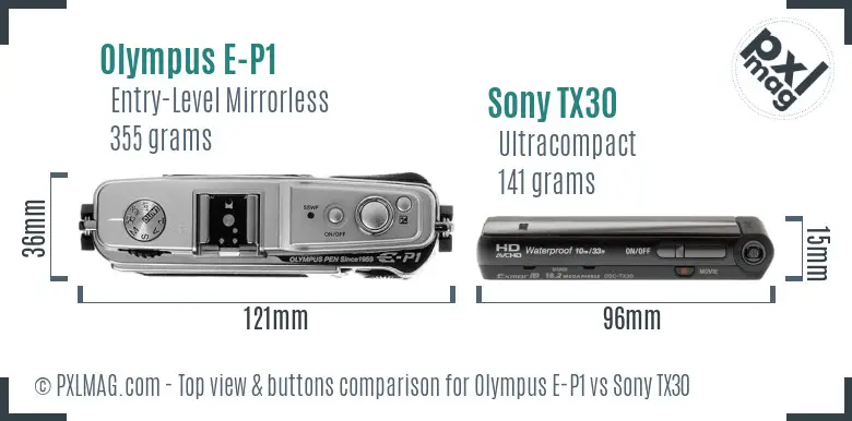 Olympus E-P1 vs Sony TX30 top view buttons comparison