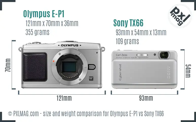 Olympus E-P1 vs Sony TX66 size comparison