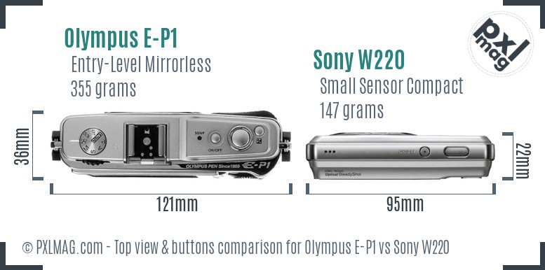 Olympus E-P1 vs Sony W220 top view buttons comparison
