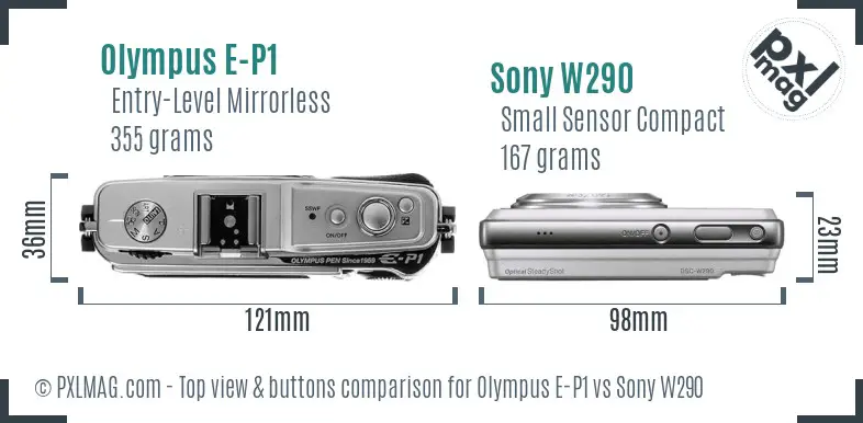 Olympus E-P1 vs Sony W290 top view buttons comparison Olympus E-P1 vs Sony W290 top view buttons comparison