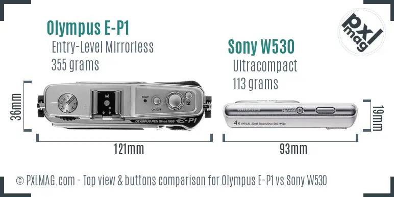 Olympus E-P1 vs Sony W530 top view buttons comparison