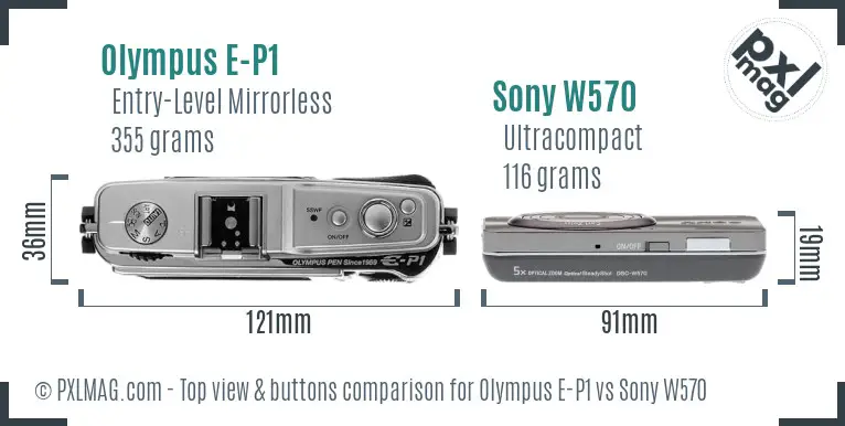 Olympus E-P1 vs Sony W570 top view buttons comparison