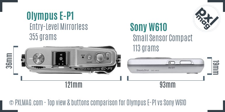 Olympus E-P1 vs Sony W610 top view buttons comparison