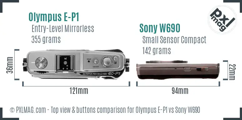 Olympus E-P1 vs Sony W690 top view buttons comparison