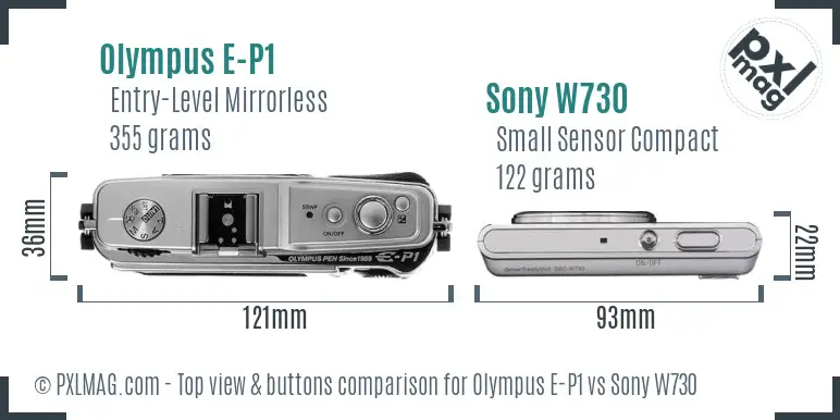 Olympus E-P1 vs Sony W730 top view buttons comparison Olympus E-P1 vs Sony W730 top view buttons comparison