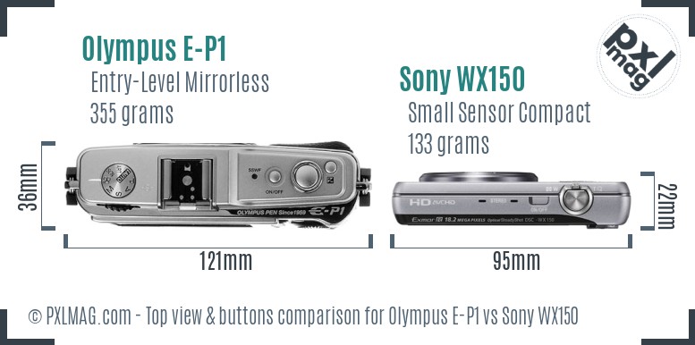 Olympus E-P1 vs Sony WX150 top view buttons comparison