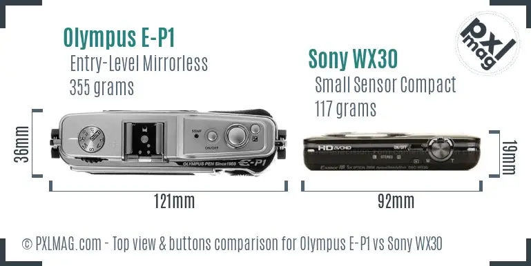 Olympus E-P1 vs Sony WX30 top view buttons comparison