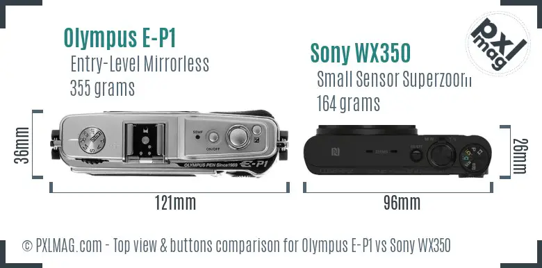 Olympus E-P1 vs Sony WX350 top view buttons comparison Olympus E-P1 vs Sony WX350 top view buttons comparison