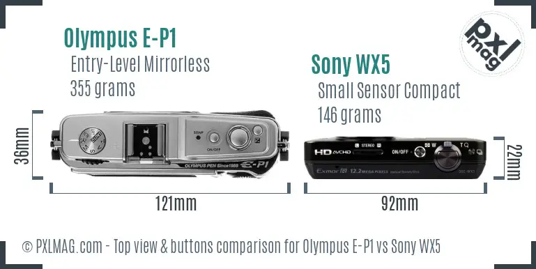 Olympus E-P1 vs Sony WX5 top view buttons comparison