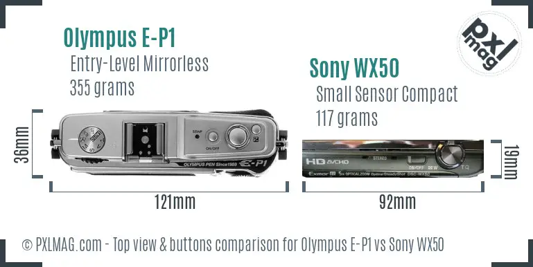 Olympus E-P1 vs Sony WX50 top view buttons comparison