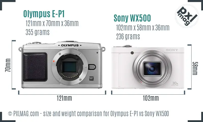 Olympus E-P1 vs Sony WX500 size comparison