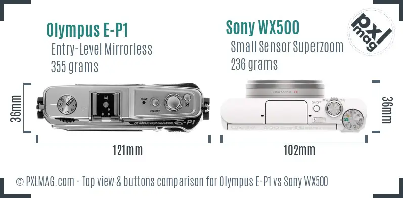 Olympus E-P1 vs Sony WX500 top view buttons comparison