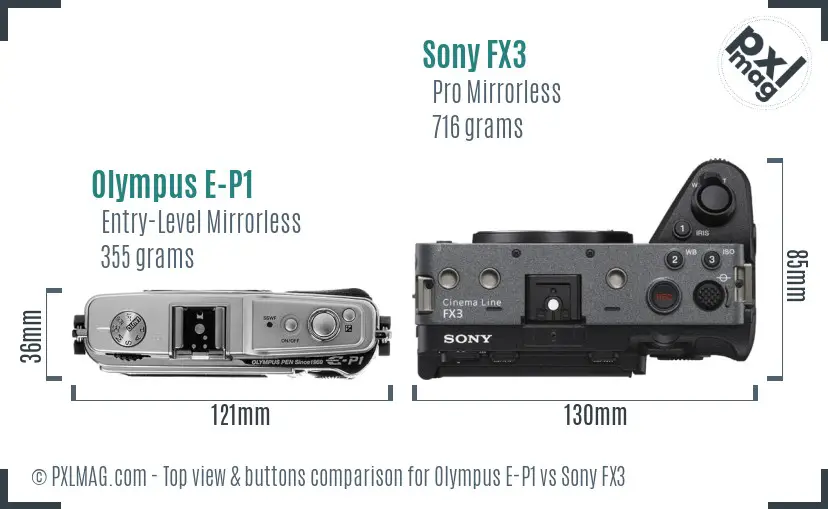 Olympus E-P1 vs Sony FX3 top view buttons comparison