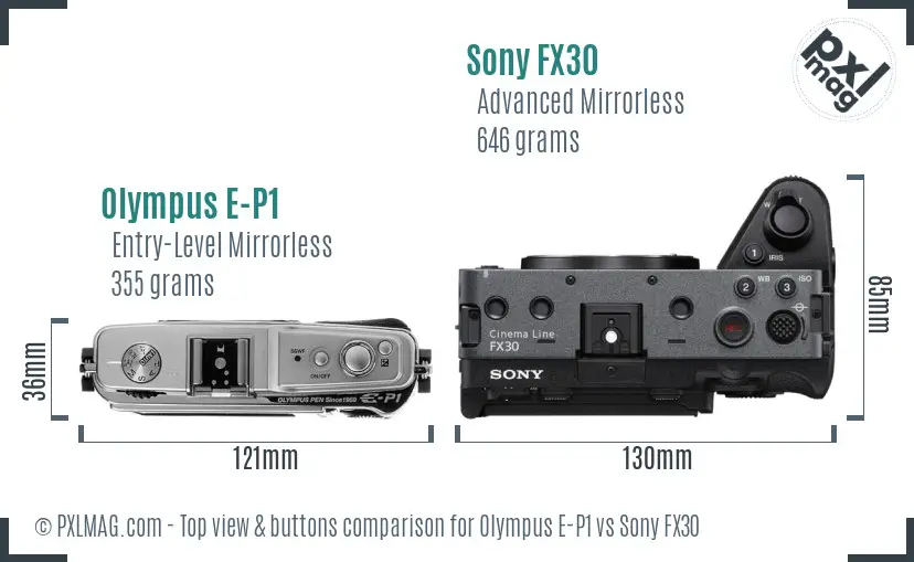 Olympus E-P1 vs Sony FX30 top view buttons comparison Olympus E-P1 vs Sony FX30 top view buttons comparison