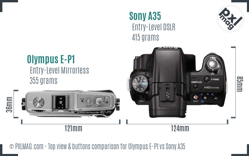 Olympus E-P1 vs Sony A35 top view buttons comparison