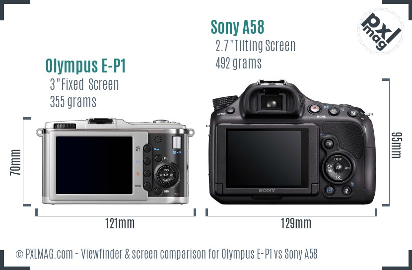 Olympus E-P1 vs Sony A58 Screen and Viewfinder comparison