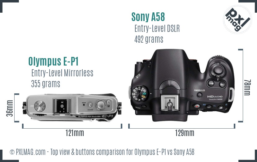 Olympus E-P1 vs Sony A58 top view buttons comparison