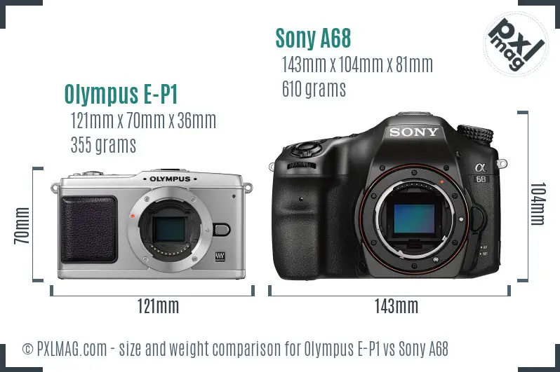 Olympus E-P1 vs Sony A68 size comparison