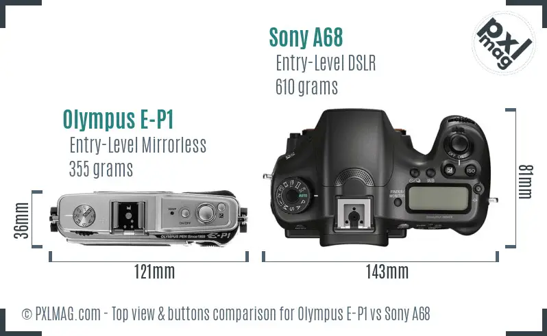 Olympus E-P1 vs Sony A68 top view buttons comparison