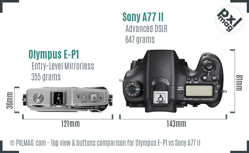 Olympus E-P1 vs Sony A77 II top view buttons comparison