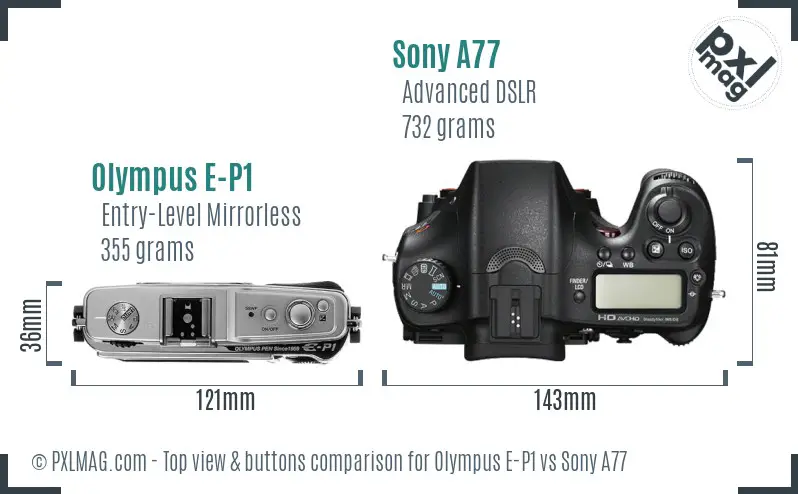 Olympus E-P1 vs Sony A77 top view buttons comparison