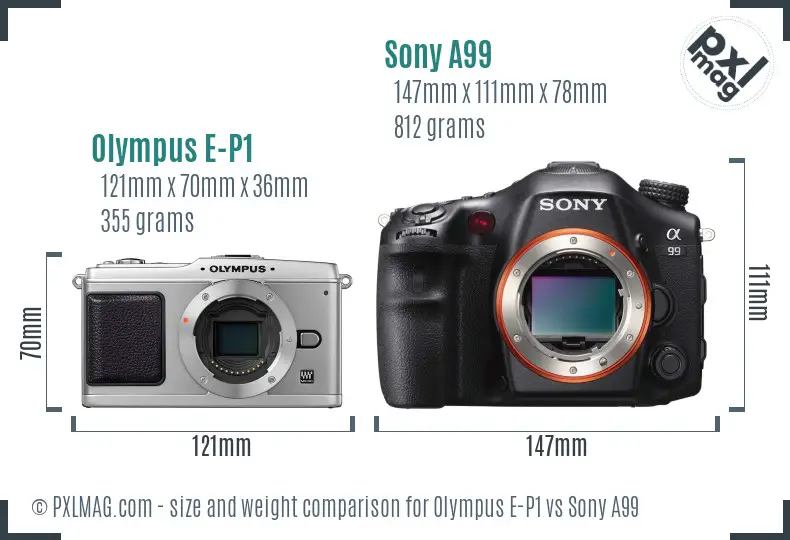 Olympus E-P1 vs Sony A99 size comparison