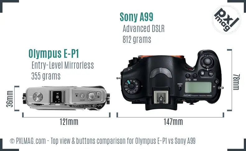 Olympus E-P1 vs Sony A99 top view buttons comparison