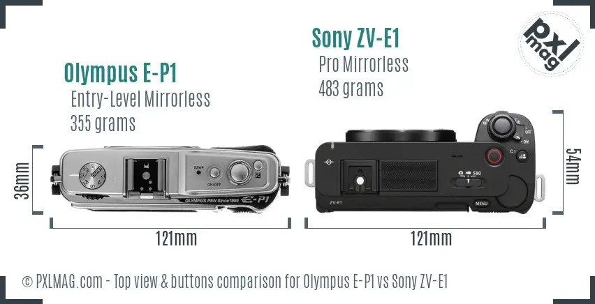 Olympus E-P1 vs Sony ZV-E1 top view buttons comparison