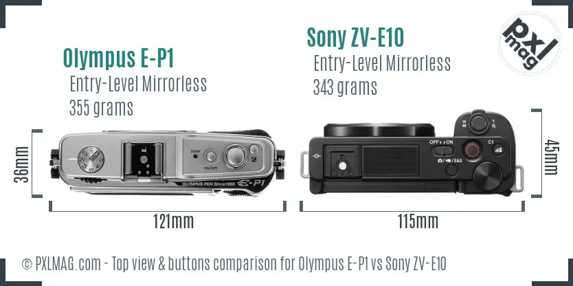 Olympus E-P1 vs Sony ZV-E10 top view buttons comparison