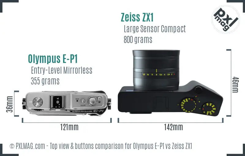 Olympus E-P1 vs Zeiss ZX1 top view buttons comparison