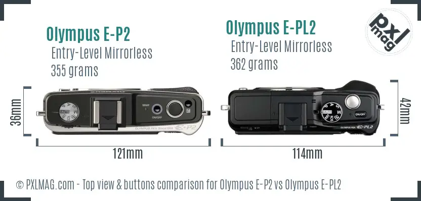 Olympus E-P2 vs Olympus E-PL2 top view buttons comparison