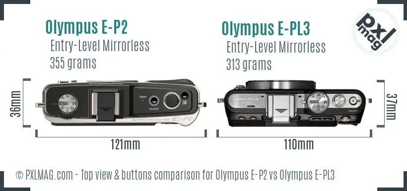 Olympus E-P2 vs Olympus E-PL3 top view buttons comparison