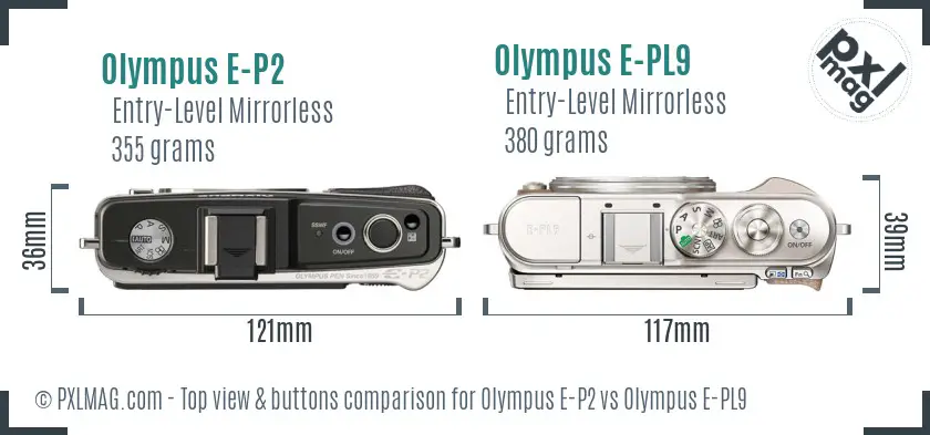 Olympus E-P2 vs Olympus E-PL9 top view buttons comparison