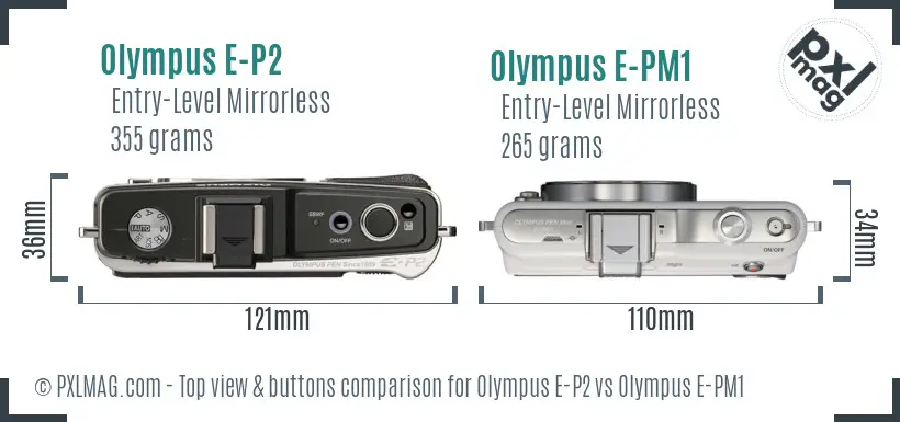 Olympus E-P2 vs Olympus E-PM1 top view buttons comparison