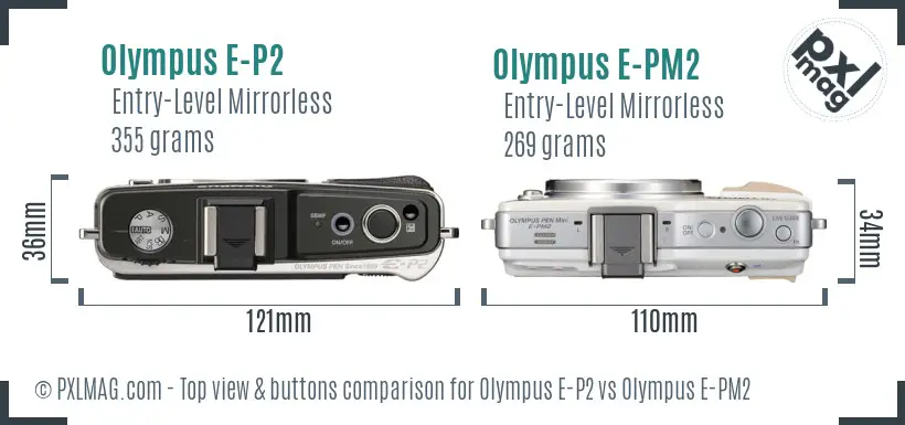 Olympus E-P2 vs Olympus E-PM2 top view buttons comparison
