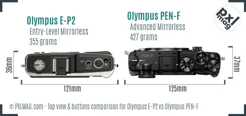 Olympus E-P2 vs Olympus PEN-F top view buttons comparison