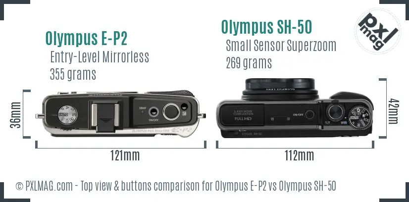 Olympus E-P2 vs Olympus SH-50 top view buttons comparison