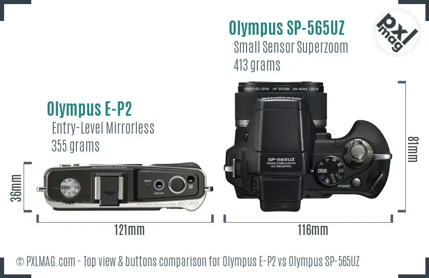 Olympus E-P2 vs Olympus SP-565UZ top view buttons comparison