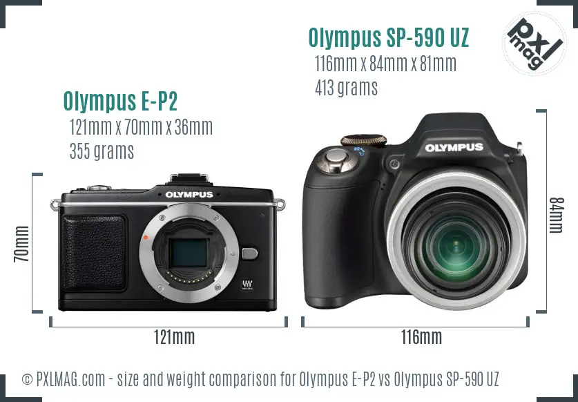 Olympus E-P2 vs Olympus SP-590 UZ size comparison