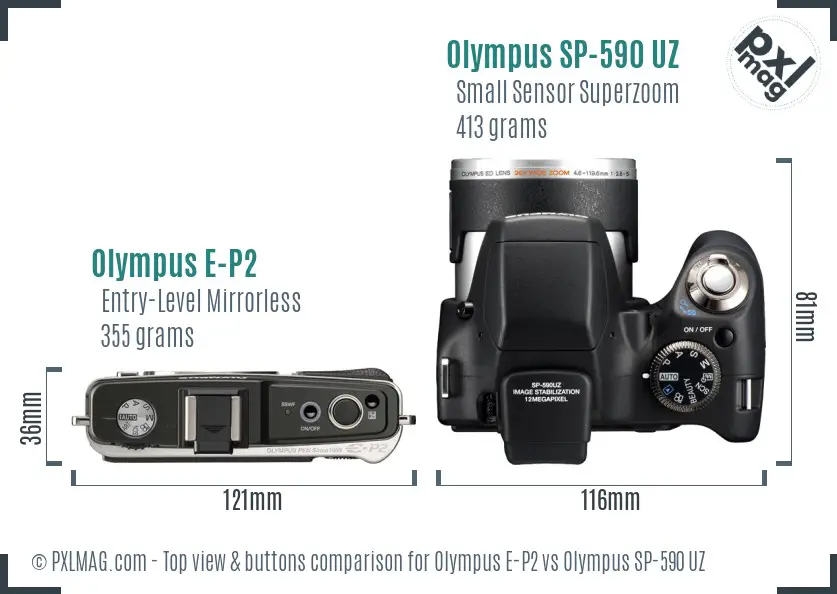 Olympus E-P2 vs Olympus SP-590 UZ top view buttons comparison