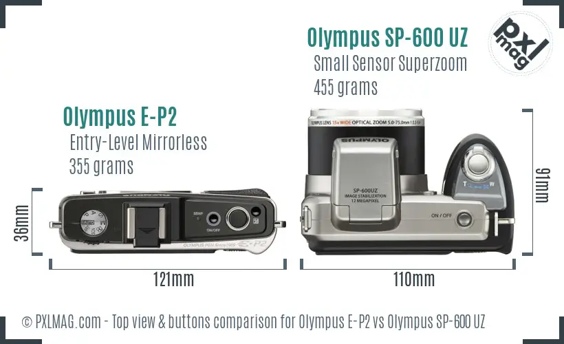 Olympus E-P2 vs Olympus SP-600 UZ top view buttons comparison